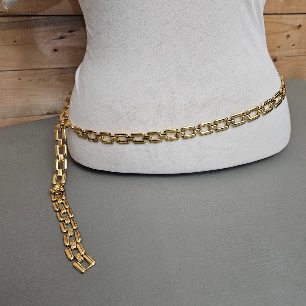 Gold Tone Square Chain Belt Ribbed Adjustable Lobster Clasp 43" Grecian